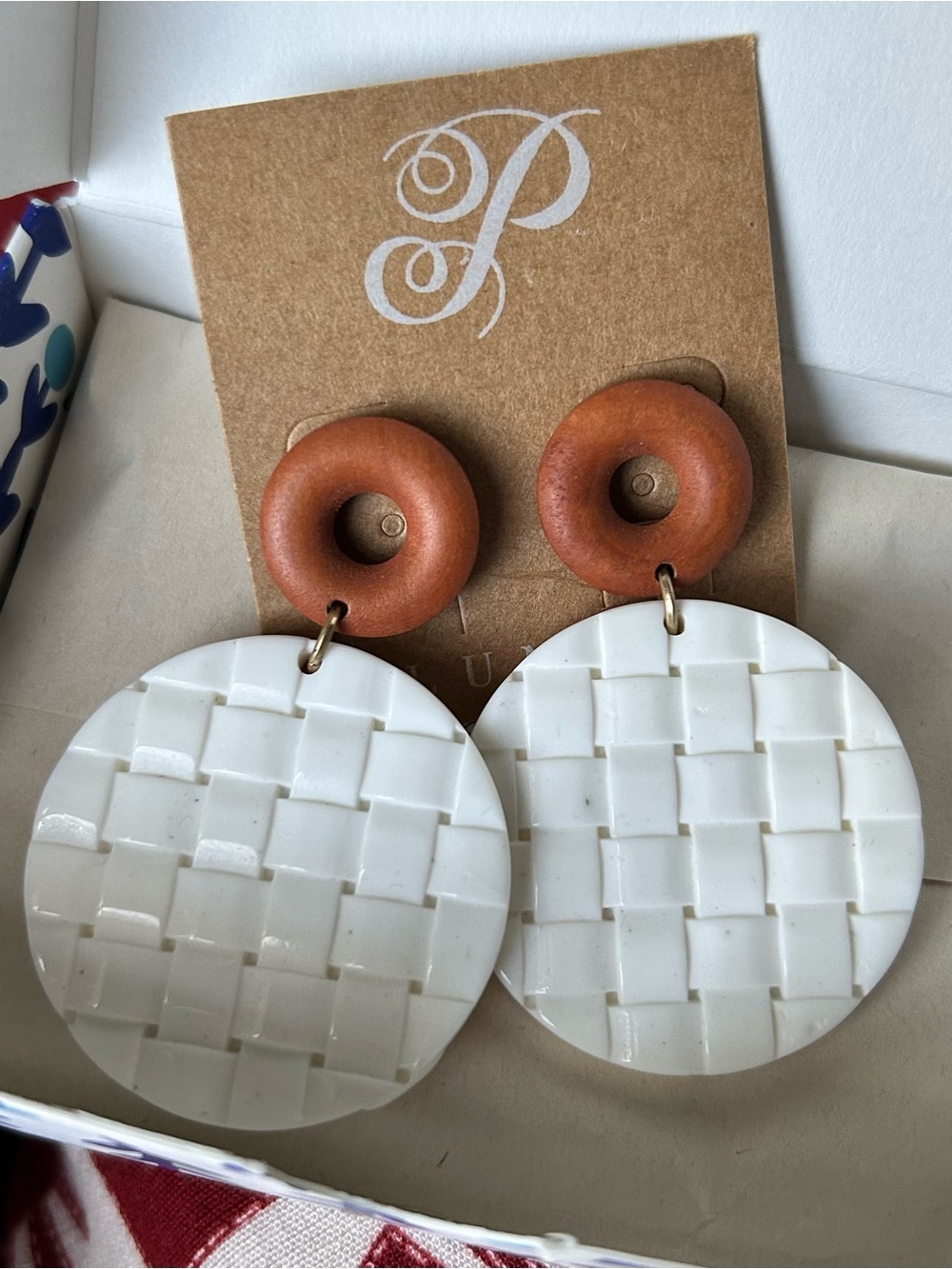 Plunder White Woven Drop Earrings with Brown Studs